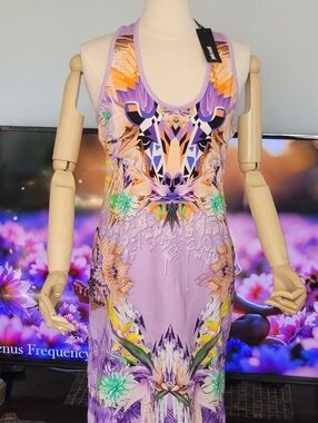 ❗️ JUST CAVALLI Lavender Sheath Dress with Mint & Blue Accents JUST BEAUTIFUL ❗️